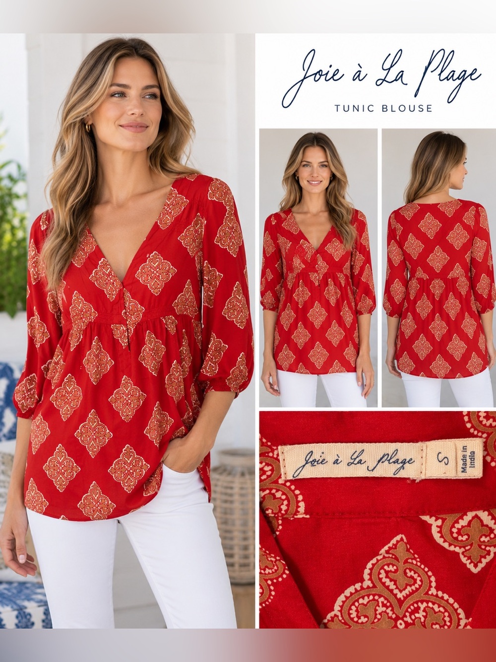 Joie a La Plage Red Medallion Print VNeck Tunic Blouse Size Small 3/4 Sleeve